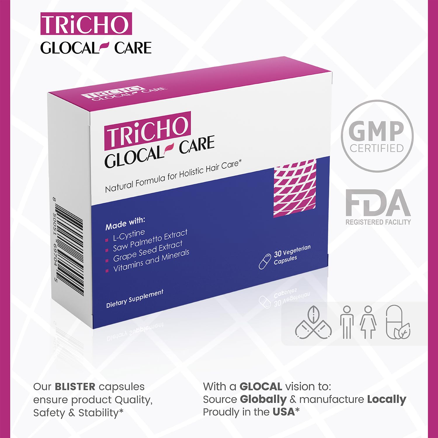 Hair Loss Prevention Treatment with Saw Palmetto, Grape Seed Extract, L-Cystine, Biotin, Folate - GlocalCare Tricho Formula