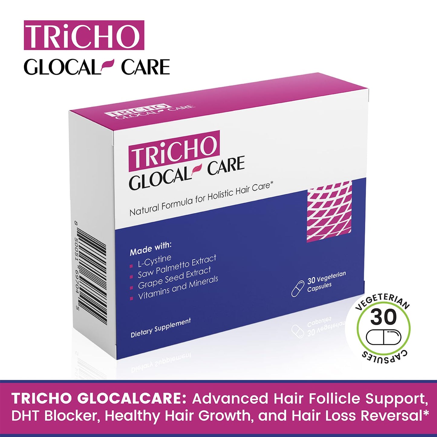Hair Loss Prevention Treatment with Saw Palmetto, Grape Seed Extract, L-Cystine, Biotin, Folate - GlocalCare Tricho Formula