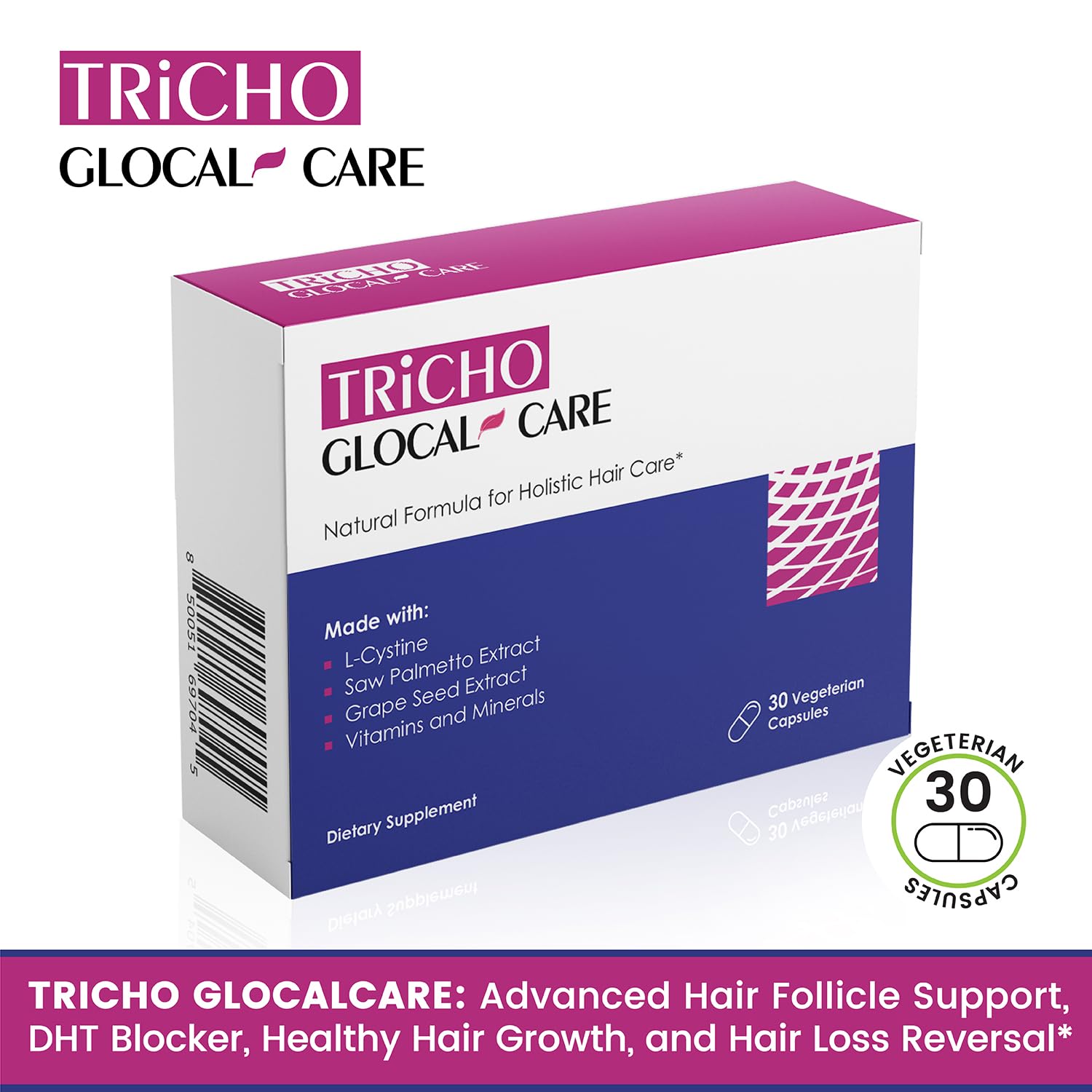 Hair Loss Prevention Treatment with Saw Palmetto, Grape Seed Extract, L-Cystine, Biotin, Folate - GlocalCare Tricho Formula