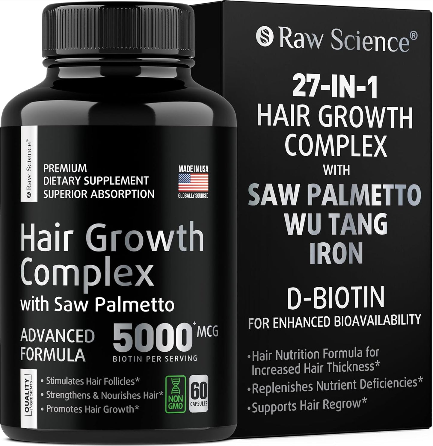 Hair Loss Supplement with Biotin & Saw Palmetto for Men & Women - DHT Blocker for Healthy Hair Growth - Made in USA - Gluten-Free & Vegetarian - 60 Capsules