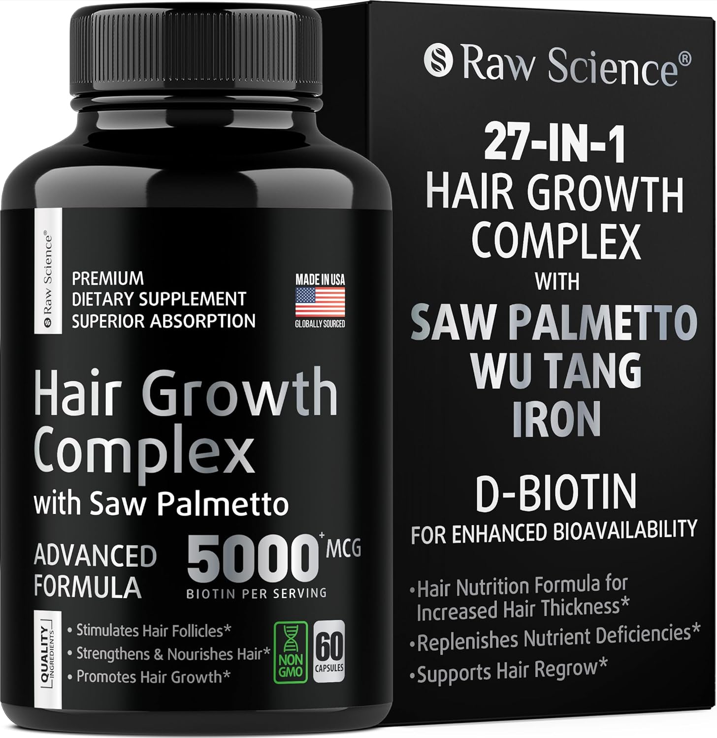 Hair Loss Supplement with Biotin & Saw Palmetto for Men & Women - DHT Blocker for Healthy Hair Growth - Made in USA - Gluten-Free & Vegetarian - 60 Capsules