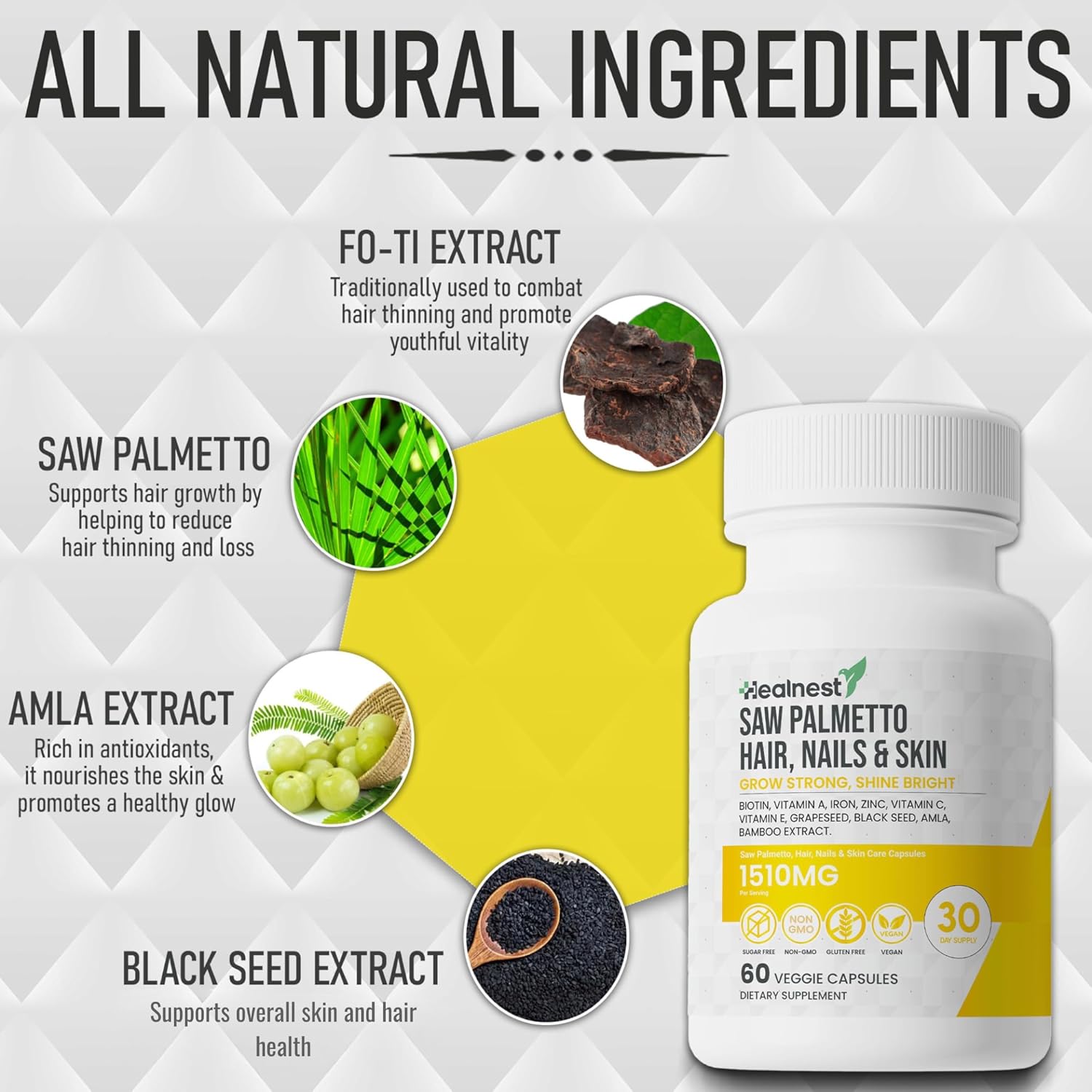 Hair, Nails & Skin Care Supplement with Saw Palmetto, Biotin, Amla, Vitamins for Men and Women - 60 Capsules