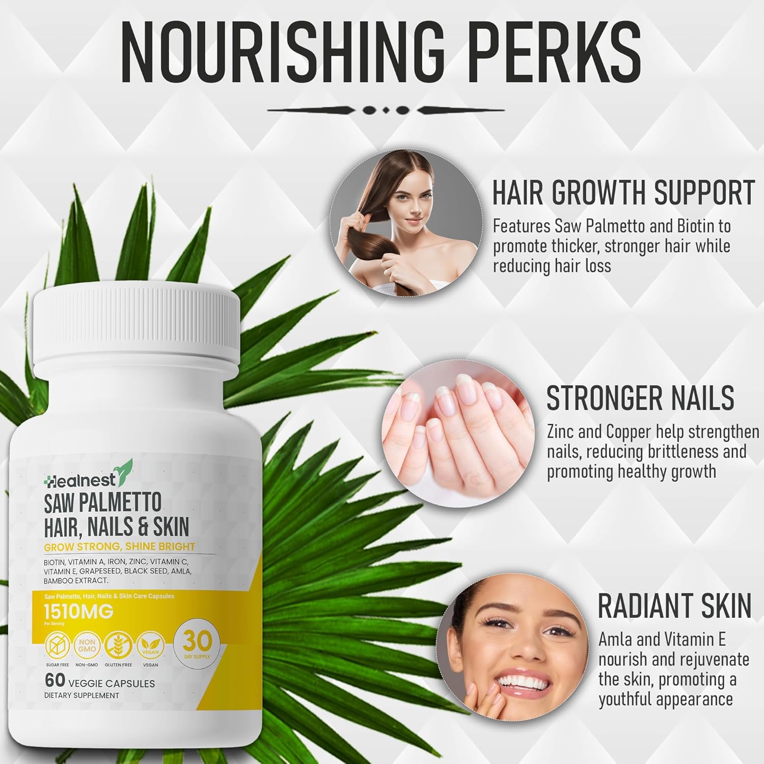 Hair, Nails & Skin Care Supplement with Saw Palmetto, Biotin, Amla, Vitamins for Men and Women - 60 Capsules