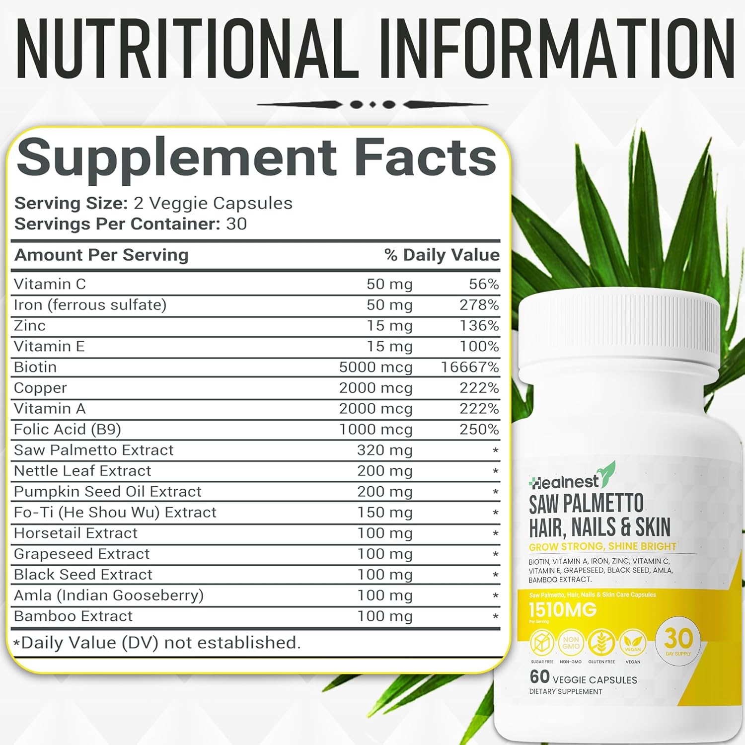 Hair, Nails & Skin Care Supplement with Saw Palmetto, Biotin, Amla, Vitamins for Men and Women - 60 Capsules
