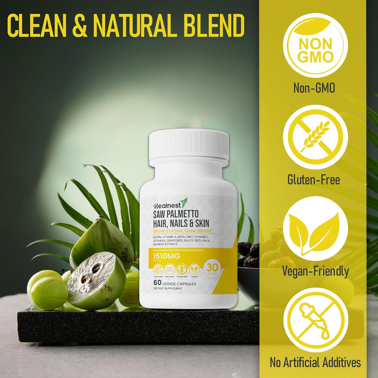 Hair, Nails & Skin Care Supplement with Saw Palmetto, Biotin, Amla, Vitamins for Men and Women - 60 Capsules