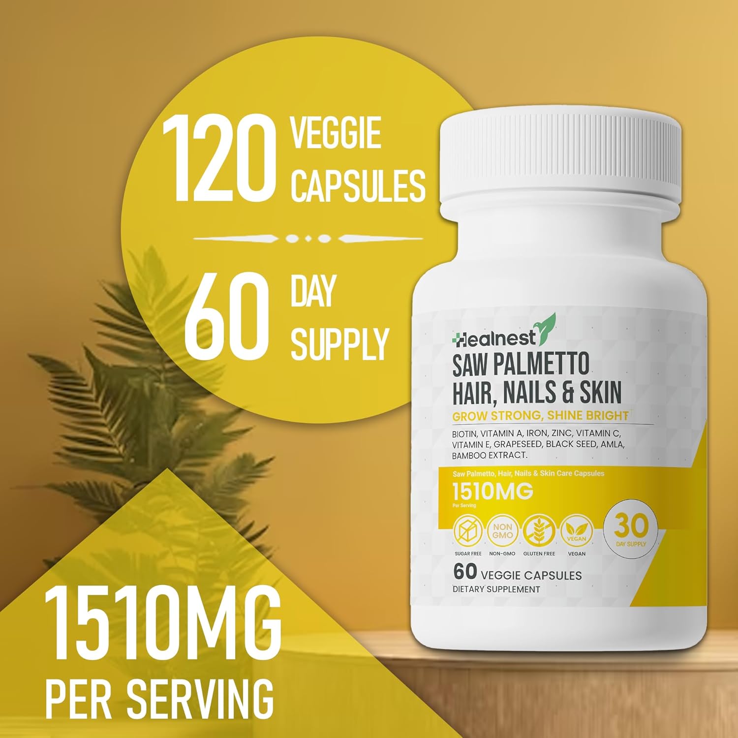 Hair, Nails & Skin Care Supplement with Saw Palmetto, Biotin, Amla, Vitamins for Men and Women - 60 Capsules