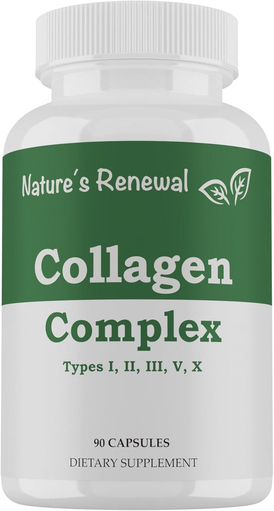 Hair, Nails & Skin Collagen Complex Supplement - Marine, Bovine, Chicken Peptides - Vital Proteins for Men & Women - Types I, II, III, V, X - 90 Capsules