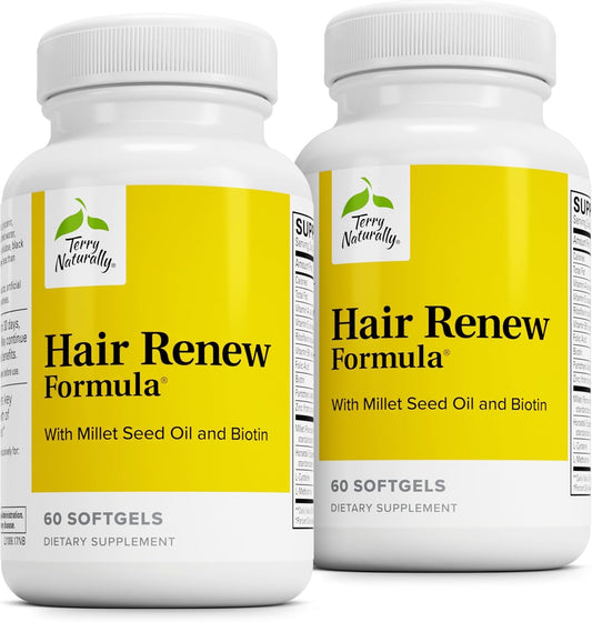 Hair Renew Formula: Hair Growth Support Supplement with Horsetail, Biotin, Folic Acid, Millet Seed Oil - 2 Pack of 60 Softgels by Terry Naturally