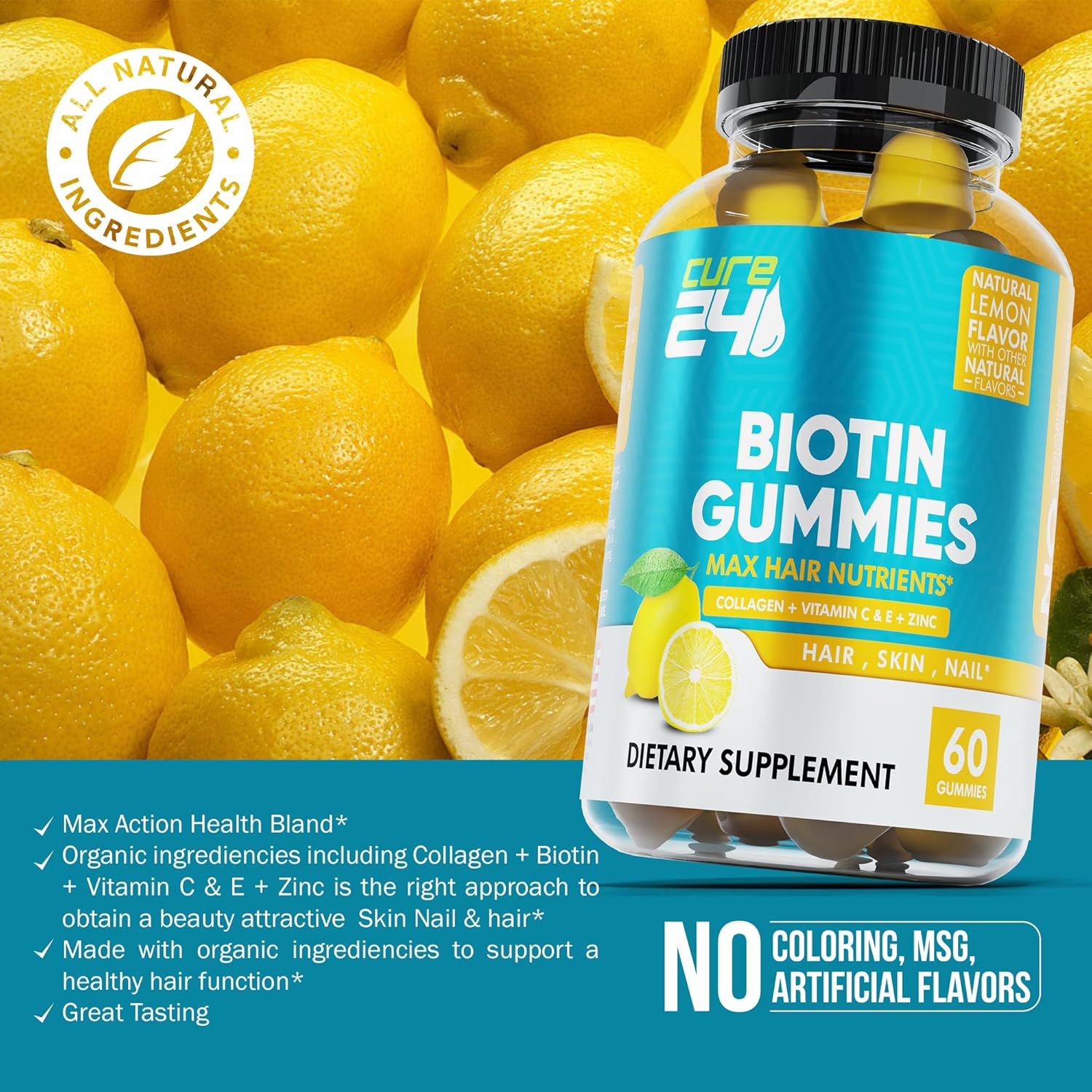Hair, Skin, and Nail Growth Support Gummies with Biotin, Vitamin C, E, Collagen, and Zinc - 60 Gummies USA Made - BoostGo Australia