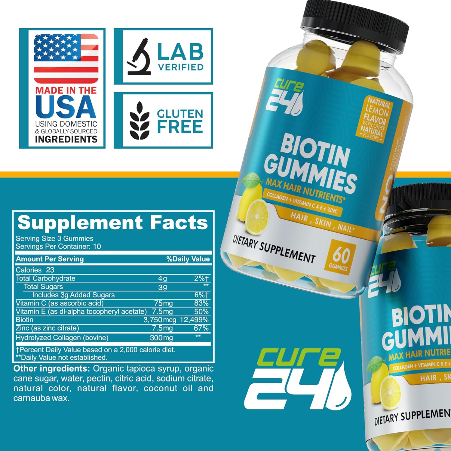 Hair, Skin, and Nail Growth Support Gummies with Biotin, Vitamin C, E, Collagen, and Zinc - 60 Gummies USA Made - BoostGo Australia