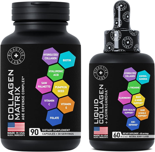 Hair, Skin, and Nails Beauty Bundle - Bioactive Labs Age Defense Collagen Matrix with Liquid Collagen and Ashwagandha for Growth and Glow