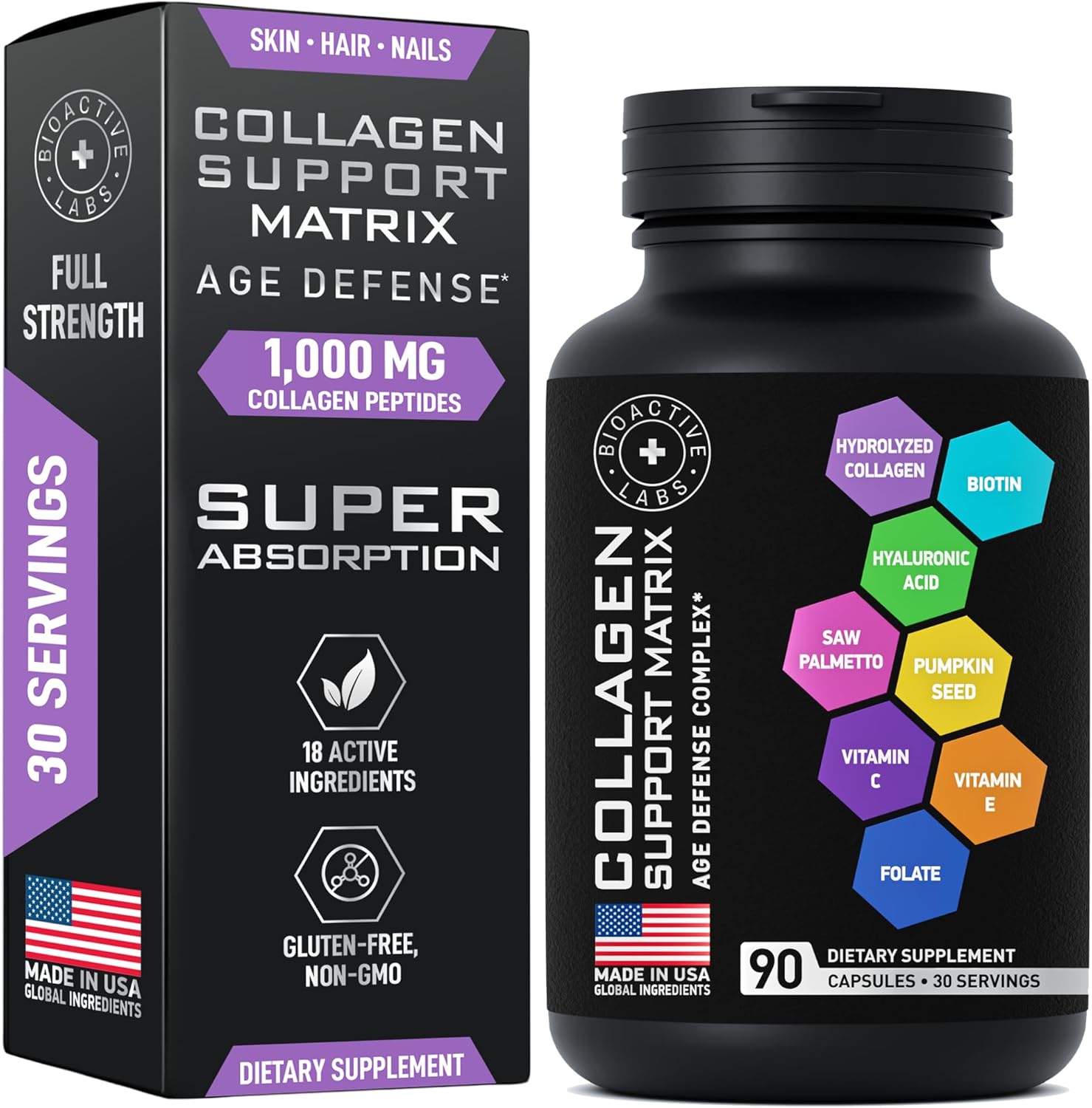 Hair, Skin, and Nails Beauty Bundle - Bioactive Labs Age Defense Collagen Matrix with Liquid Collagen and Ashwagandha for Growth and Glow