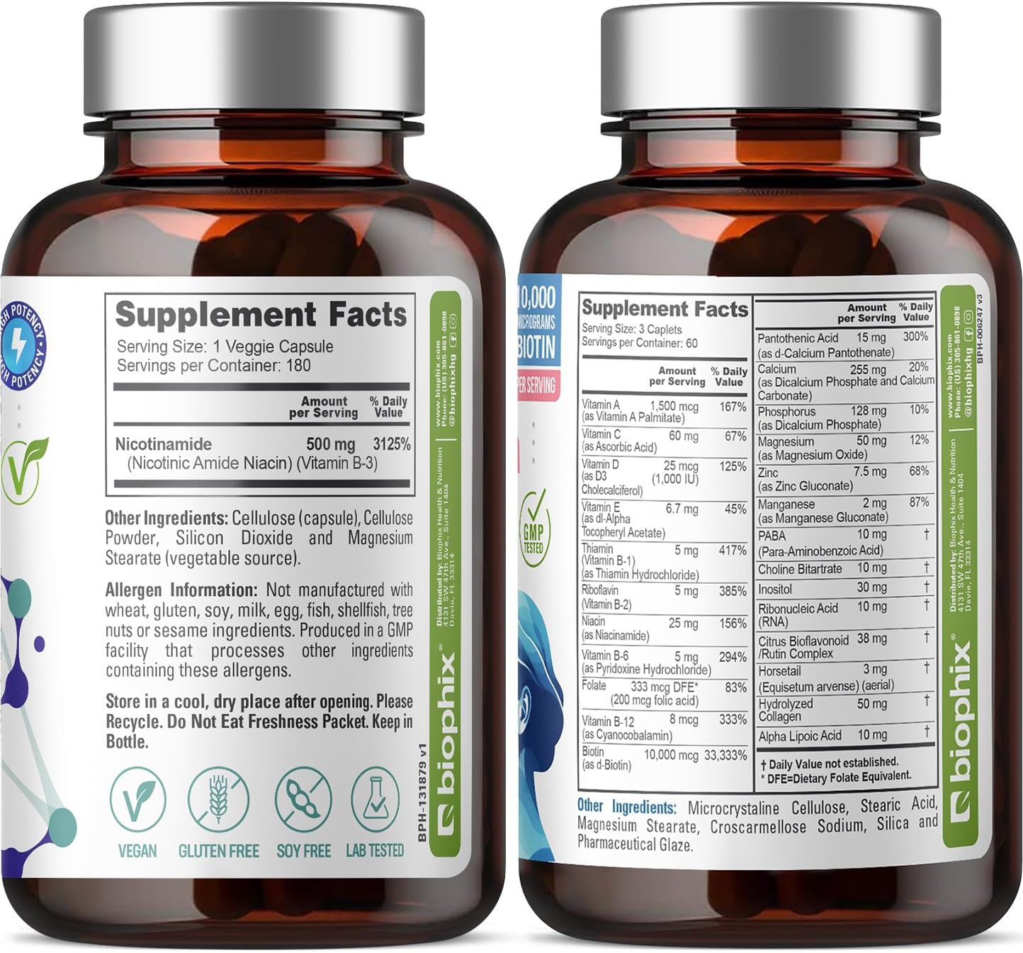Hair, Skin, and Nails Support Kit with B-3 Nicotinamide 500mg, Biotin 10000mcg - Skin Cell Health Formula - 180 Vcaps & Caplets