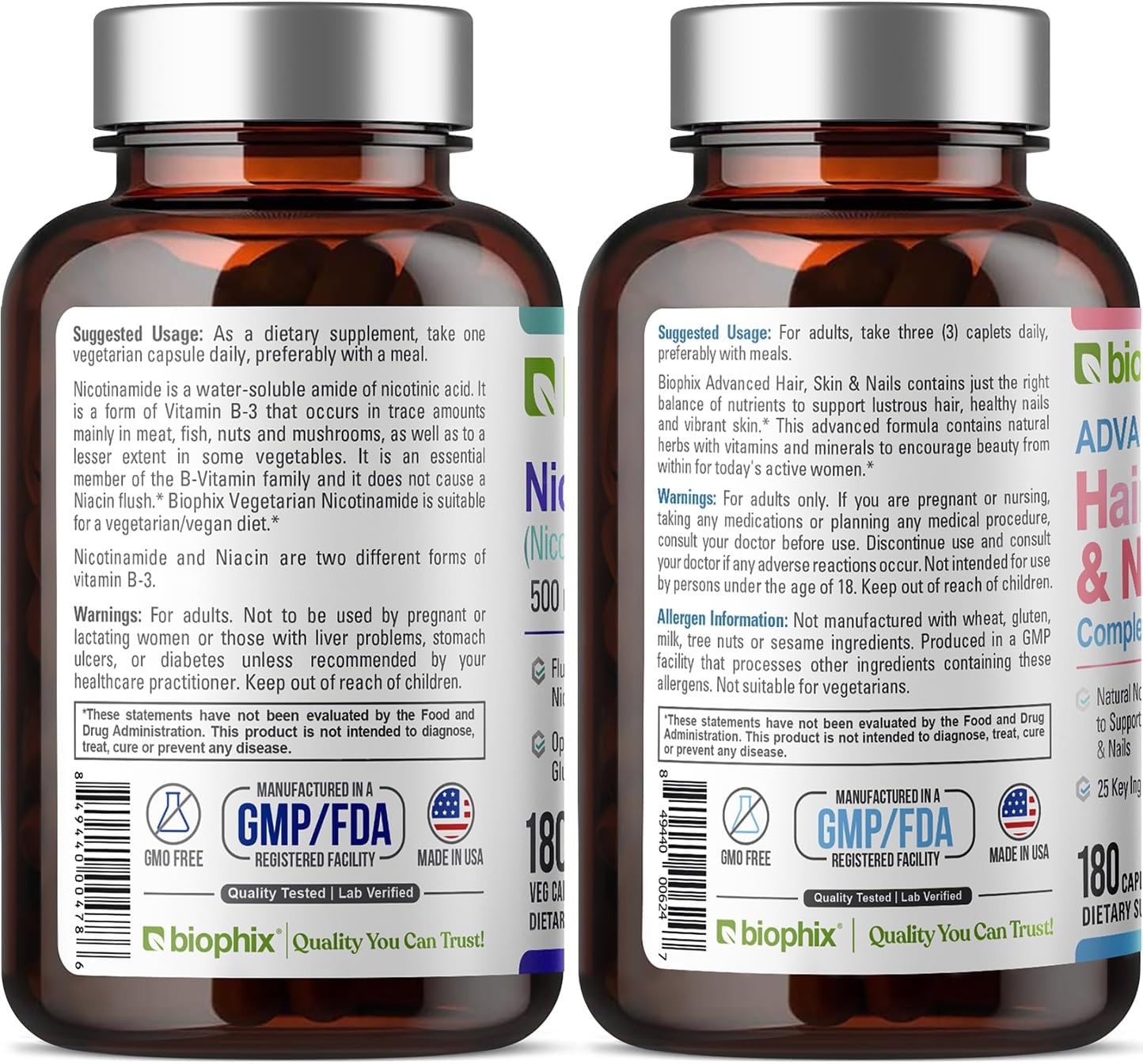 Hair, Skin, and Nails Support Kit with B-3 Nicotinamide 500mg, Biotin 10000mcg - Skin Cell Health Formula - 180 Vcaps & Caplets