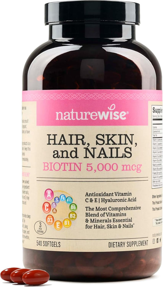 Hair Skin and Nails Vitamin with Biotin 5000mcg, Hyaluronic Acid, and Collagen - Women's Formula with Vitamins C, B Complex, D3, A, E, and Iron - Non-GMO, Gluten Free - 540 Softgels[6-Month Supply]