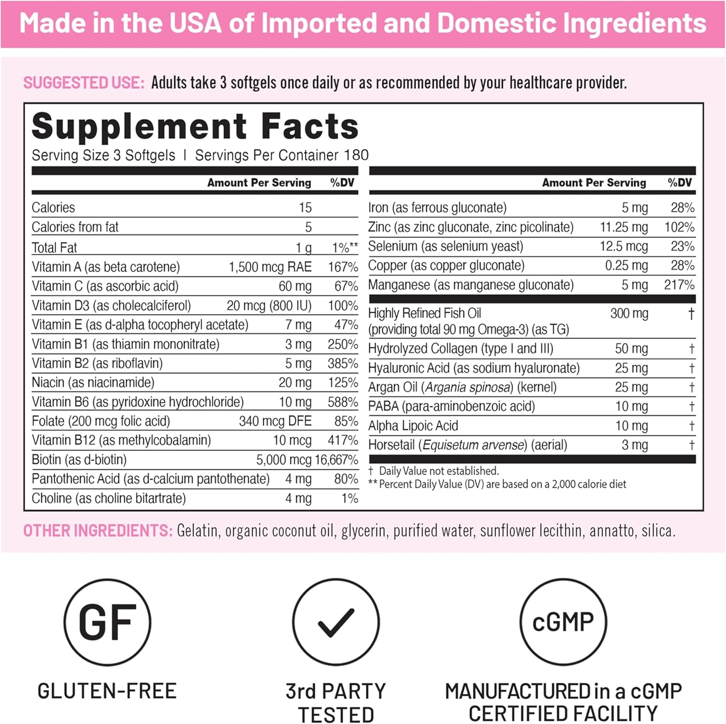 Hair Skin and Nails Vitamin with Biotin 5000mcg, Hyaluronic Acid, and Collagen - Women's Formula with Vitamins C, B Complex, D3, A, E, and Iron - Non-GMO, Gluten Free - 540 Softgels[6-Month Supply]