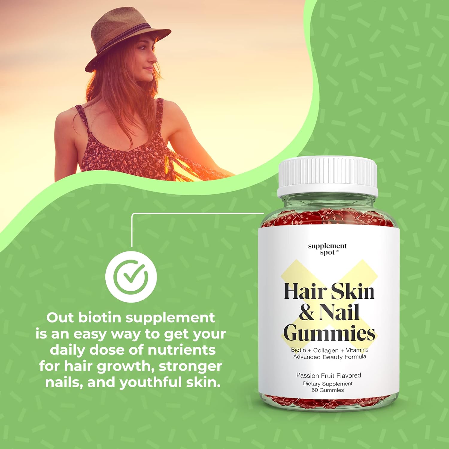 Hair Skin and Nails Vitamins Gummies - 6000 mcg Biotin with Collagen, Passion Fruit Flavor - Gluten Free Supplements (60 Count)