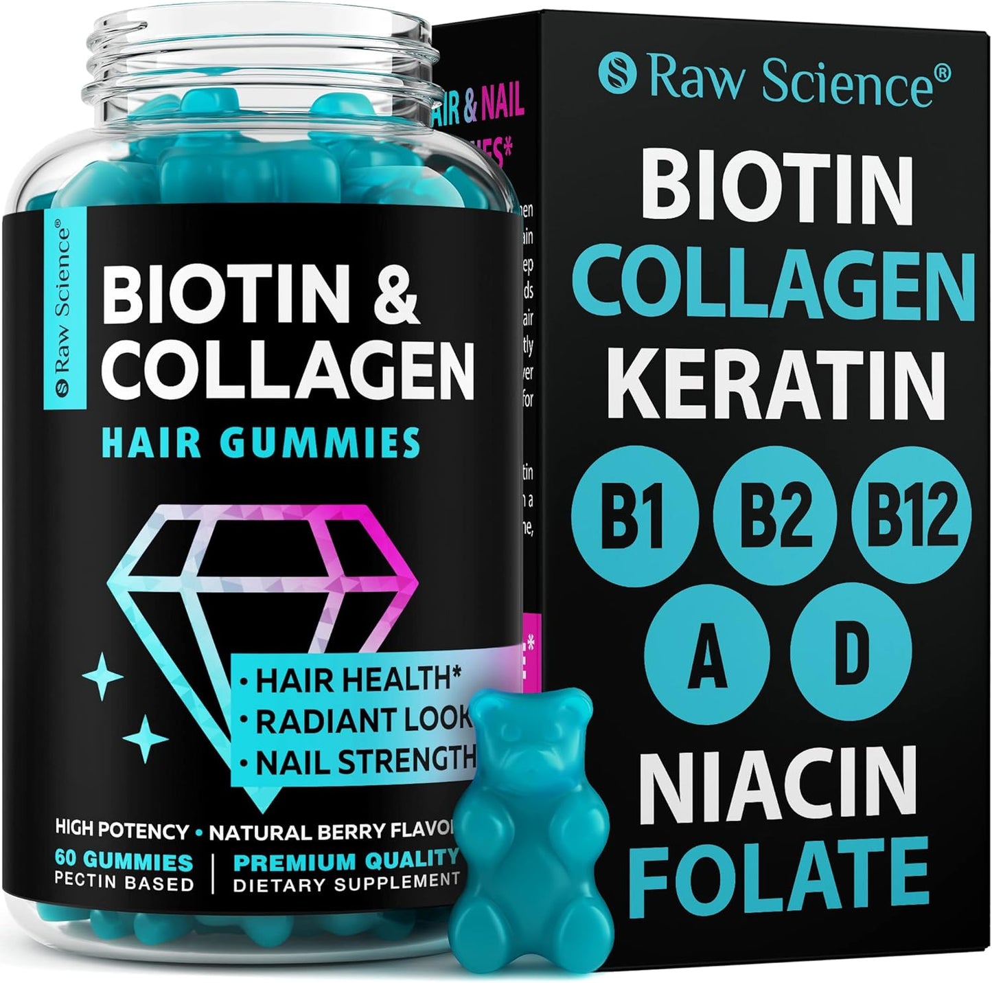 Hair Skin and Nails Vitamins Gummies for Women & Men - Biotin Collagen Hair Growth Supplement - 60 Gummy Bears