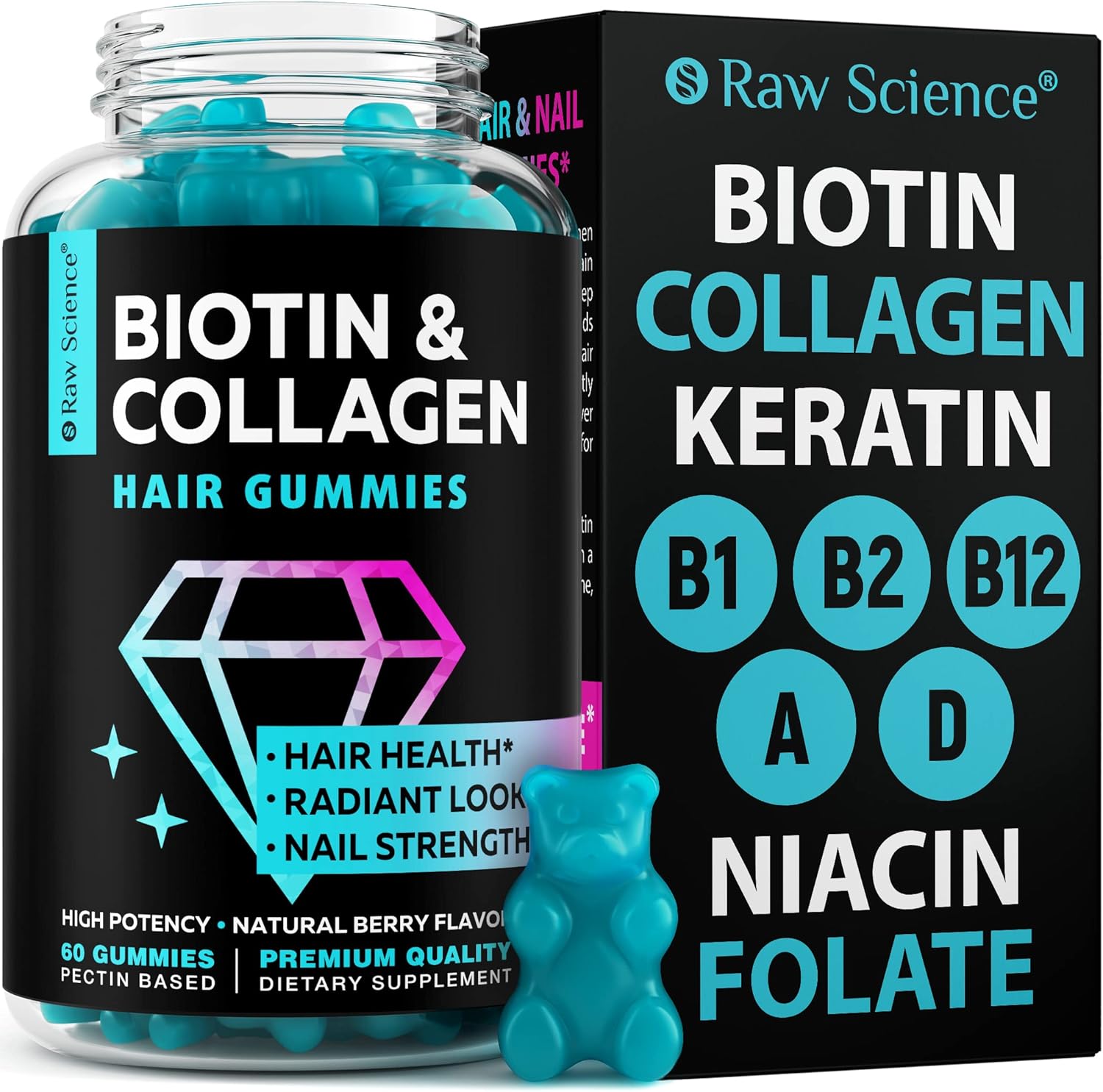 Hair Skin and Nails Vitamins Gummies for Women & Men - Biotin Collagen Hair Growth Supplement - 60 Gummy Bears