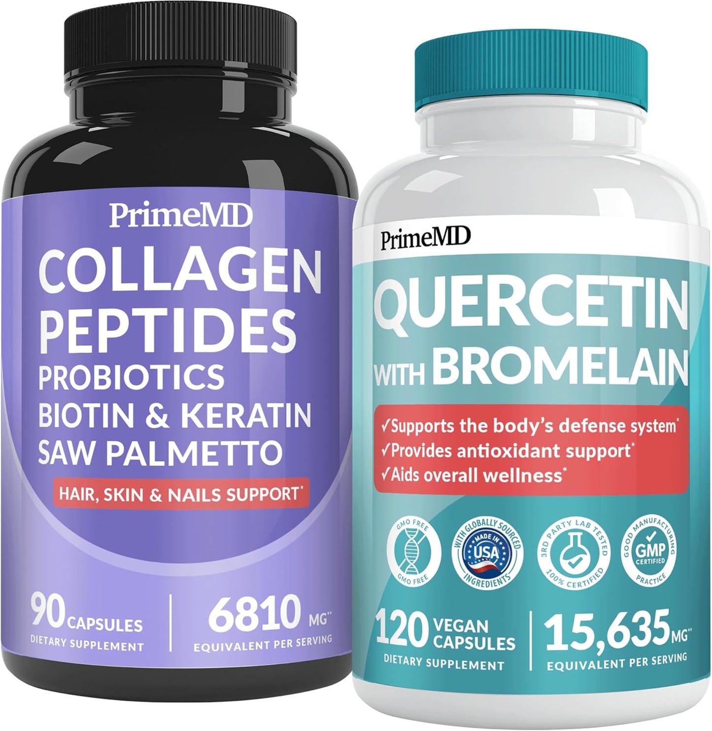 Hair, Skin, and Nails Vitamins with Biotin, Collagen, Probiotics, Saw Palmetto - 27-in-1 Formula for Growth and Health - 90ct - Immune Defense Quercetin with Bromelain - 28-in-1 - 120ct