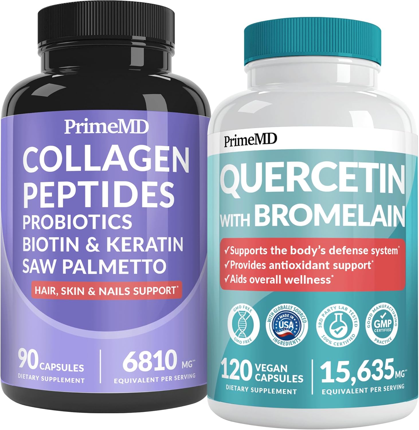 Hair, Skin, and Nails Vitamins with Biotin, Collagen, Probiotics, Saw Palmetto - 27-in-1 Formula for Growth and Health - 90ct - Immune Defense Quercetin with Bromelain - 28-in-1 - 120ct