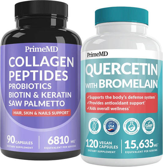 Hair, Skin, and Nails Vitamins with Biotin, Collagen, Probiotics, Saw Palmetto - 27-in-1 Formula for Growth and Health - 90ct - Immune Defense Quercetin with Bromelain - 28-in-1 - 120ct