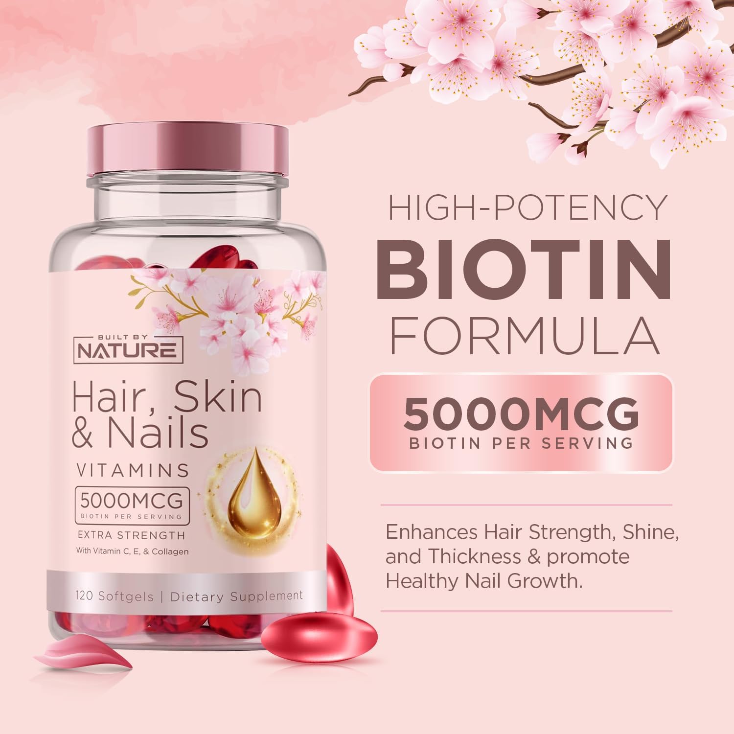 Hair Skin and Nails Vitamins with Biotin, Vitamin C, E, Collagen, Hyaluronic Acid, Argan & Coconut Oil - Women's Supplement for Hair Growth & Radiant Skin - 120 Softgels