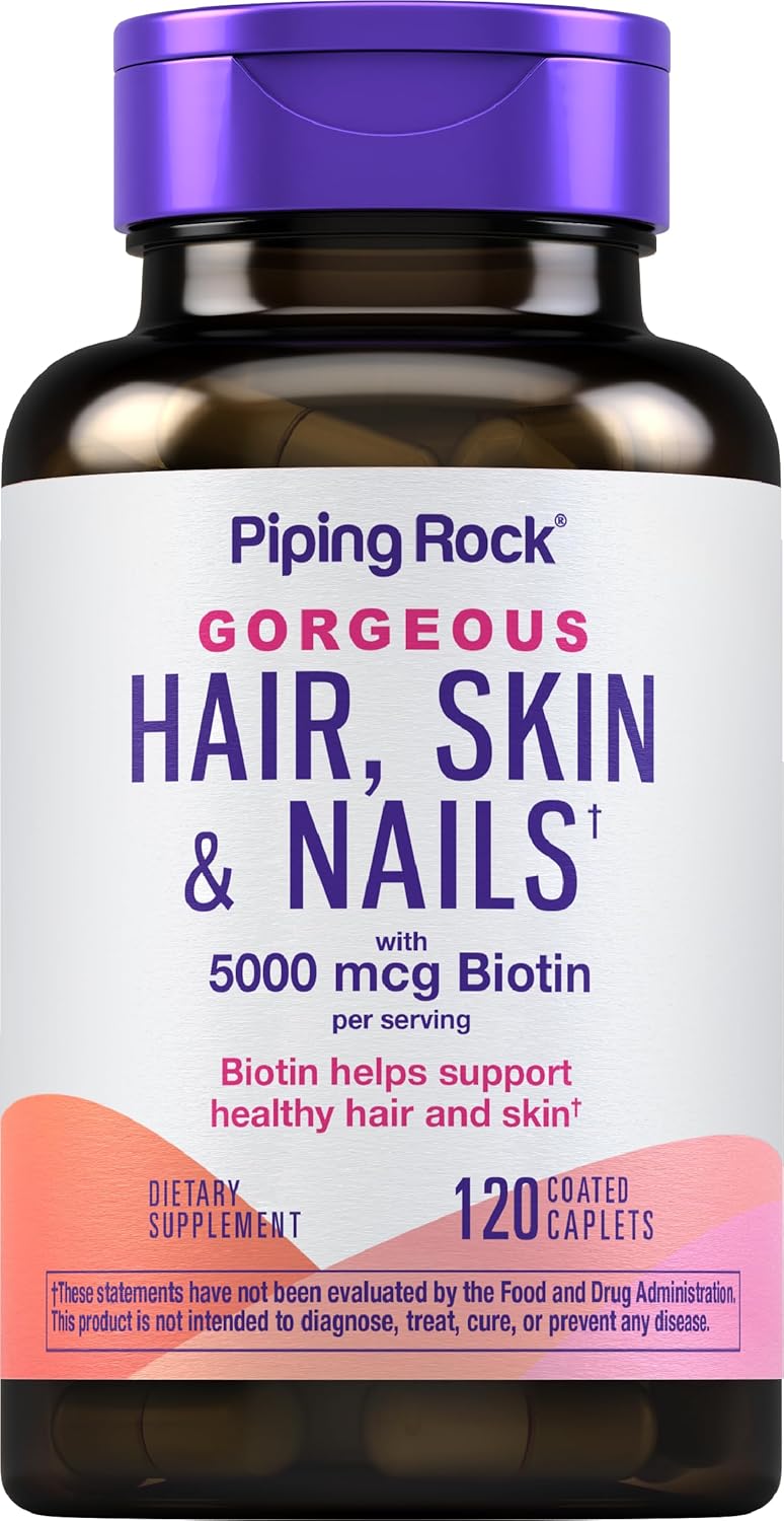 Hair Skin and Nails Vitamins with Collagen - 120 Caplet Pills, 5000 mcg Biotin - Non-GMO, Gluten Free Supplement