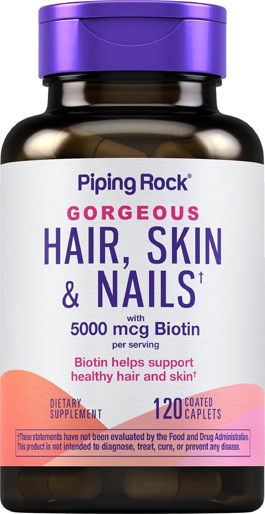 Hair Skin and Nails Vitamins with Collagen - 120 Caplet Pills, 5000 mcg Biotin - Non-GMO, Gluten Free Supplement