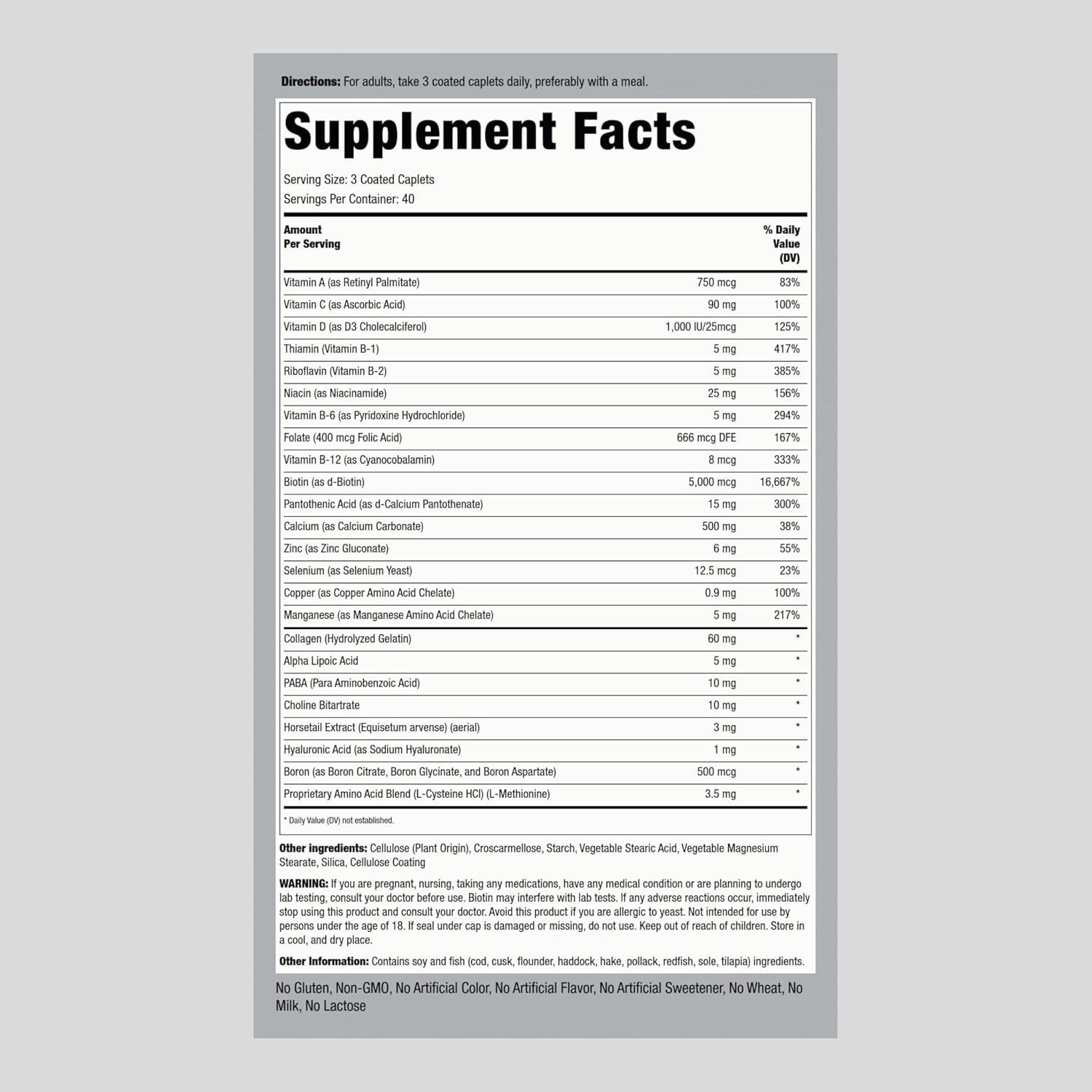 Hair Skin and Nails Vitamins with Collagen - 120 Caplet Pills, 5000 mcg Biotin - Non-GMO, Gluten Free Supplement