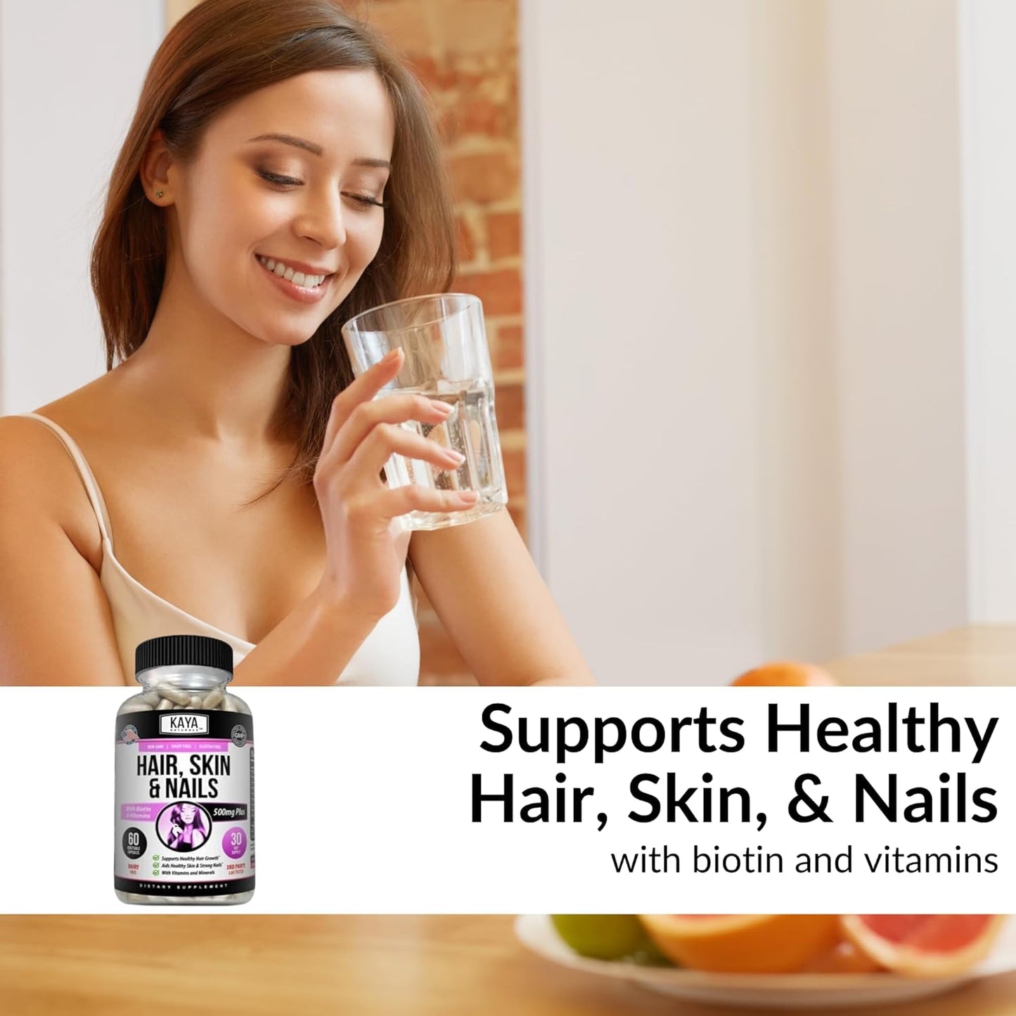 Hair Skin Nail Capsules with Biotin, Vitamin D, B-12, Folic Acid - Natural Support Supplement