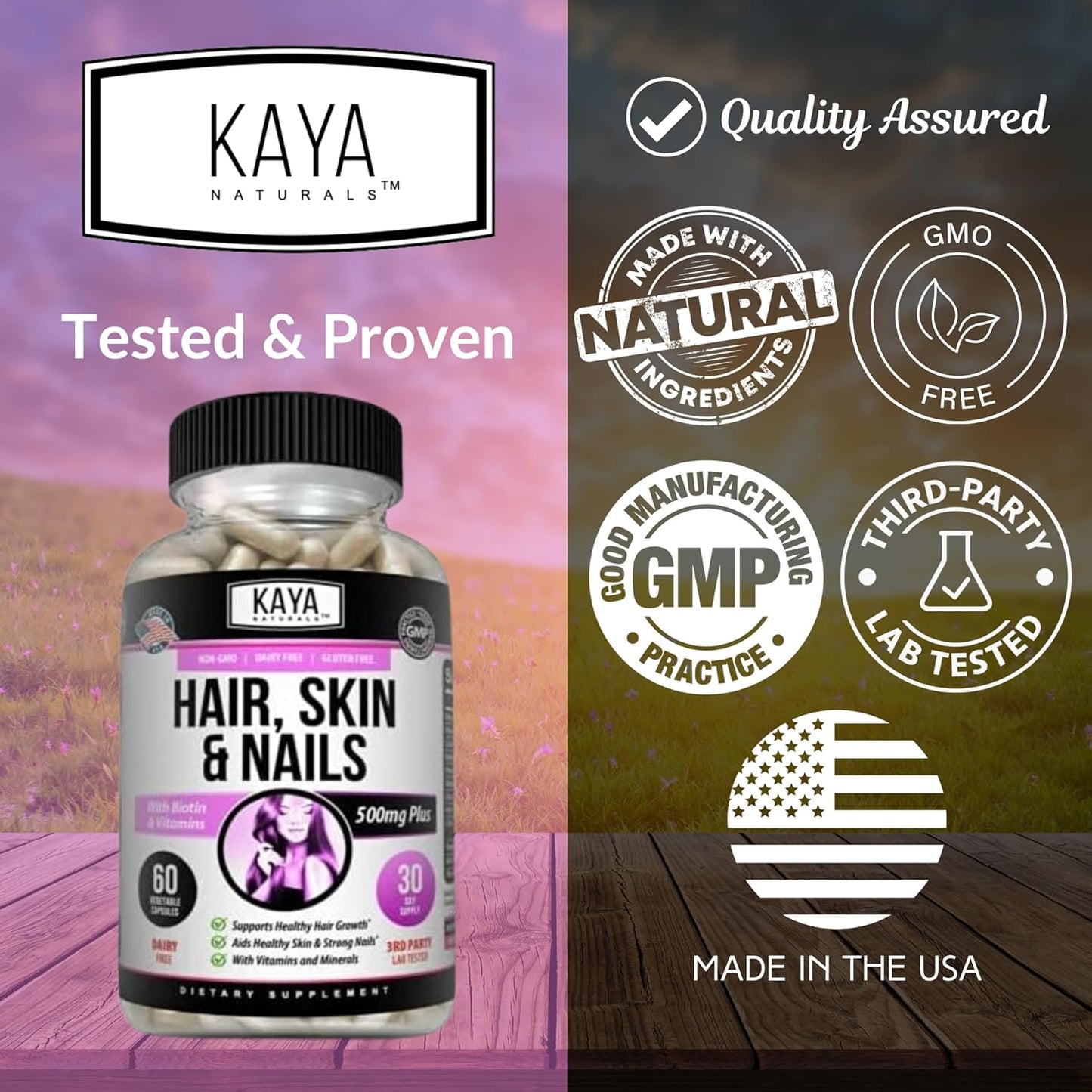 Hair Skin Nail Capsules with Biotin, Vitamin D, B-12, Folic Acid - Natural Support Supplement