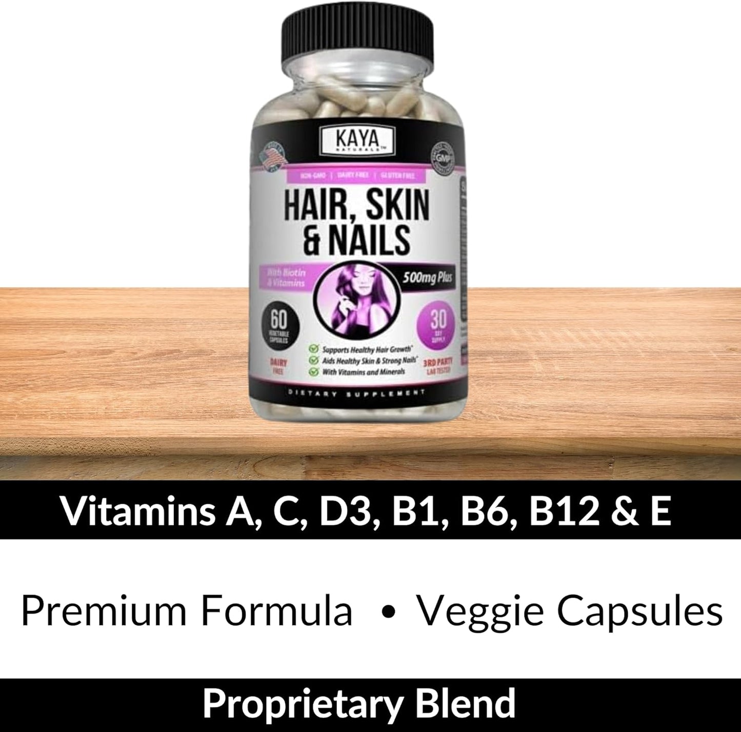 Hair Skin Nail Capsules with Biotin, Vitamin D, B-12, Folic Acid - Natural Support Supplement