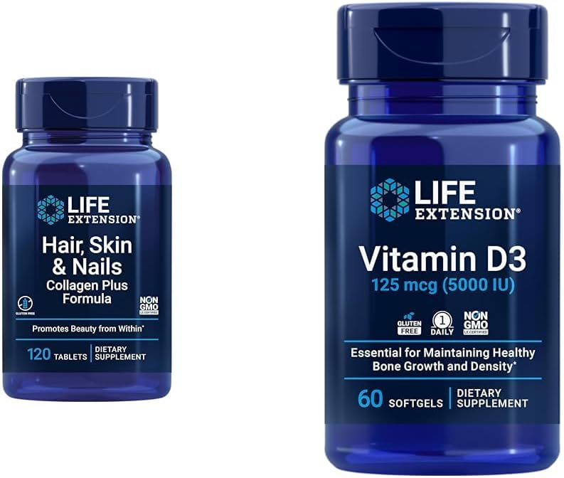Hair, Skin & Nails Collagen Plus Formula with Vitamin D3 5000 IU - Supports Overall Health - 120 Count & 60 Softgels