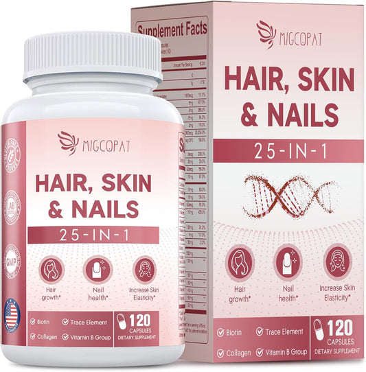 Hair, Skin & Nails Supplement with Biotin, Collagen, Vitamins - 25-in-1 Formula for Men & Women - 120 Capsules