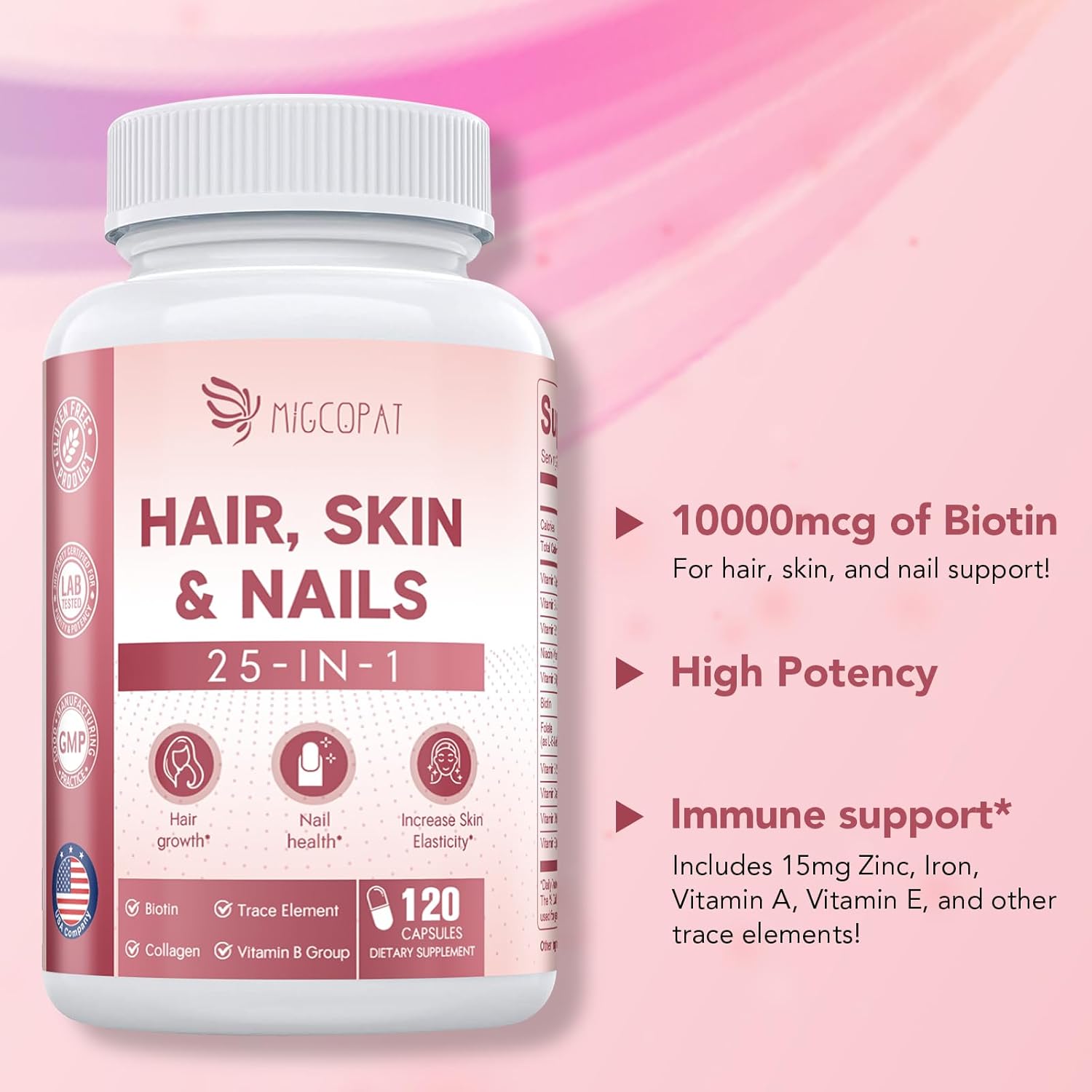 Hair, Skin & Nails Supplement with Biotin, Collagen, Vitamins - 25-in-1 Formula for Men & Women - 120 Capsules