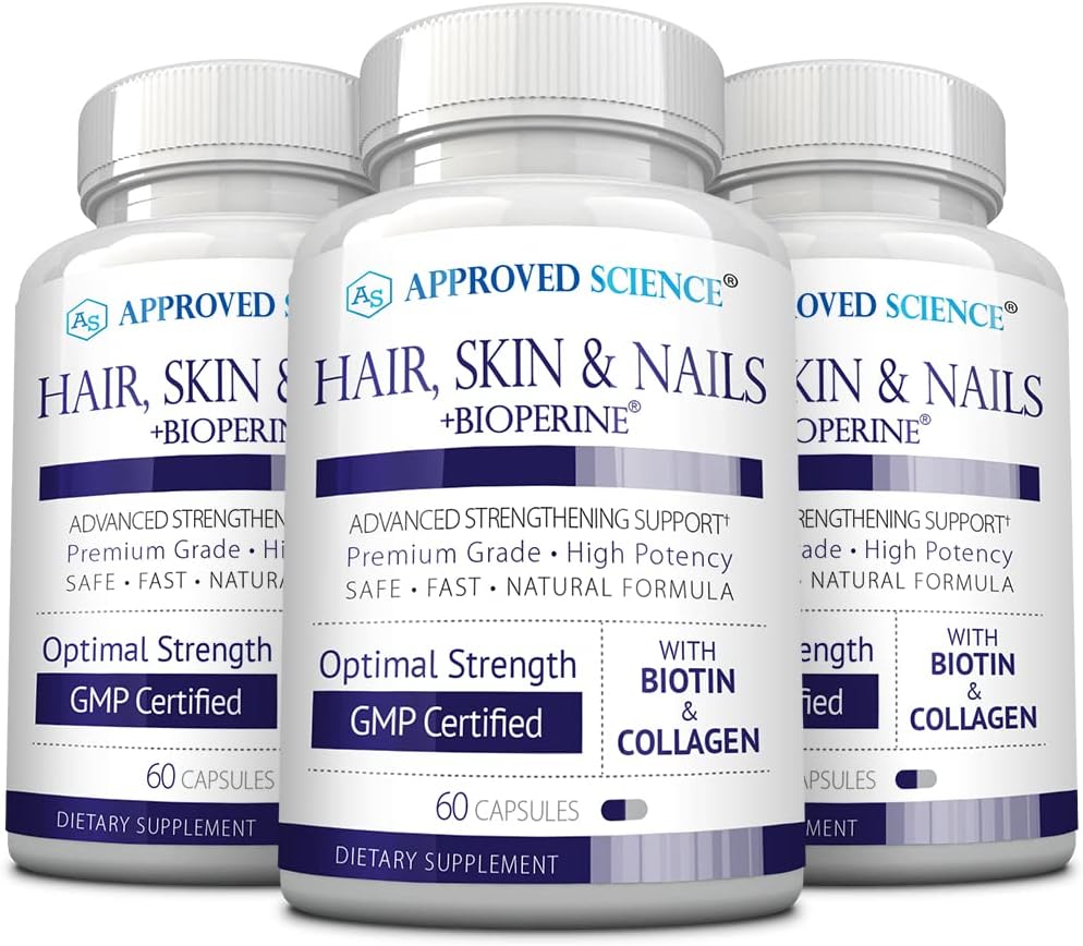 Hair, Skin, Nails Support Supplement with Biotin, Collagen, Vitamin B Complex, Silica, BioPerine - 180 Capsules - 3 Month Supply by Approved Science