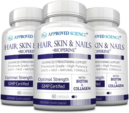 Hair, Skin, Nails Support Supplement with Biotin, Collagen, Vitamin B Complex, Silica, BioPerine - 180 Capsules - 3 Month Supply by Approved Science