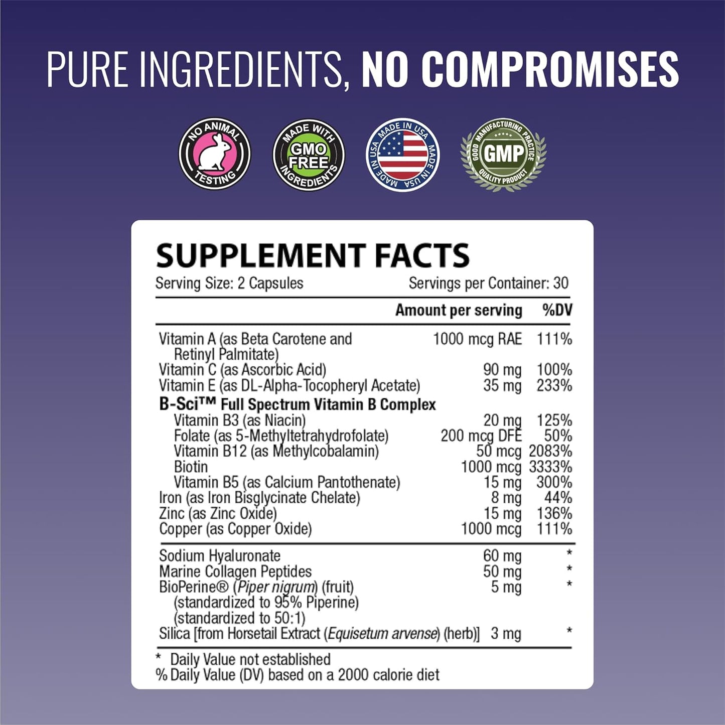 Hair, Skin, Nails Support Supplement with Biotin, Collagen, Vitamin B Complex, Silica, BioPerine - 180 Capsules - 3 Month Supply by Approved Science