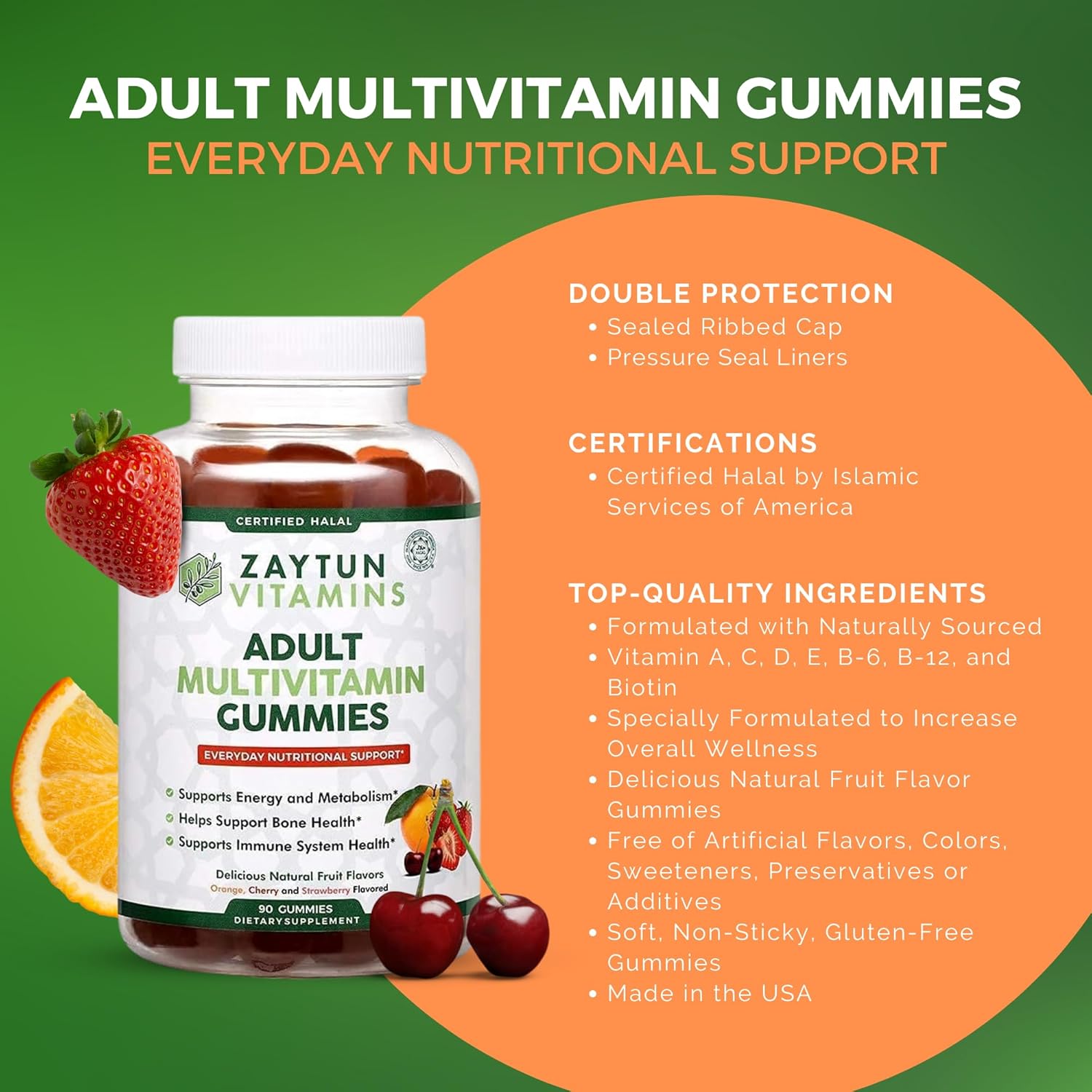 Halal Adult Multivitamin Gummies for Men and Women, Natural Fruit Flavors, Non-GMO, Made in USA