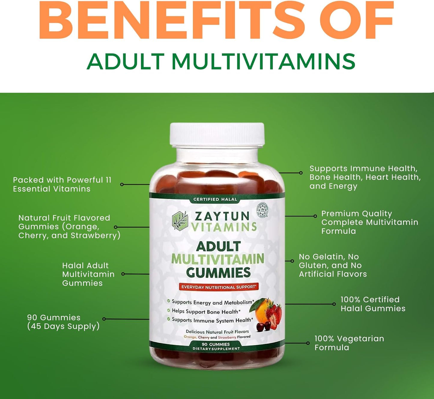 Halal Adult Multivitamin Gummies for Men and Women, Natural Fruit Flavors, Non-GMO, Made in USA