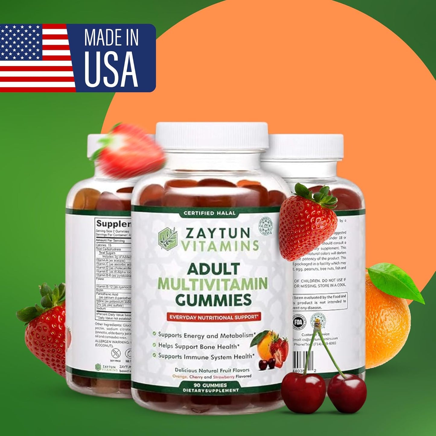 Halal Adult Multivitamin Gummies for Men and Women, Natural Fruit Flavors, Non-GMO, Made in USA