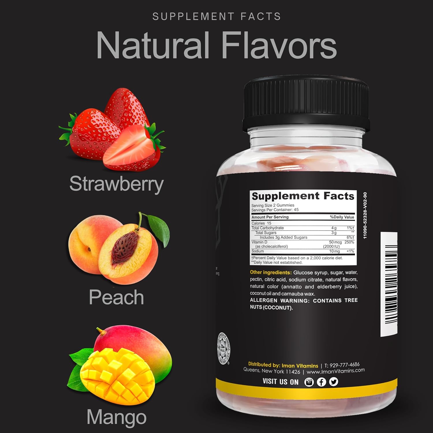 Halal Adult Vitamin D3 Gummies | 1000-2000IU | Bone, Immunity, Heart Health Support | Vegetarian, Non-GMO, Gluten-Free | 45-90 Servings