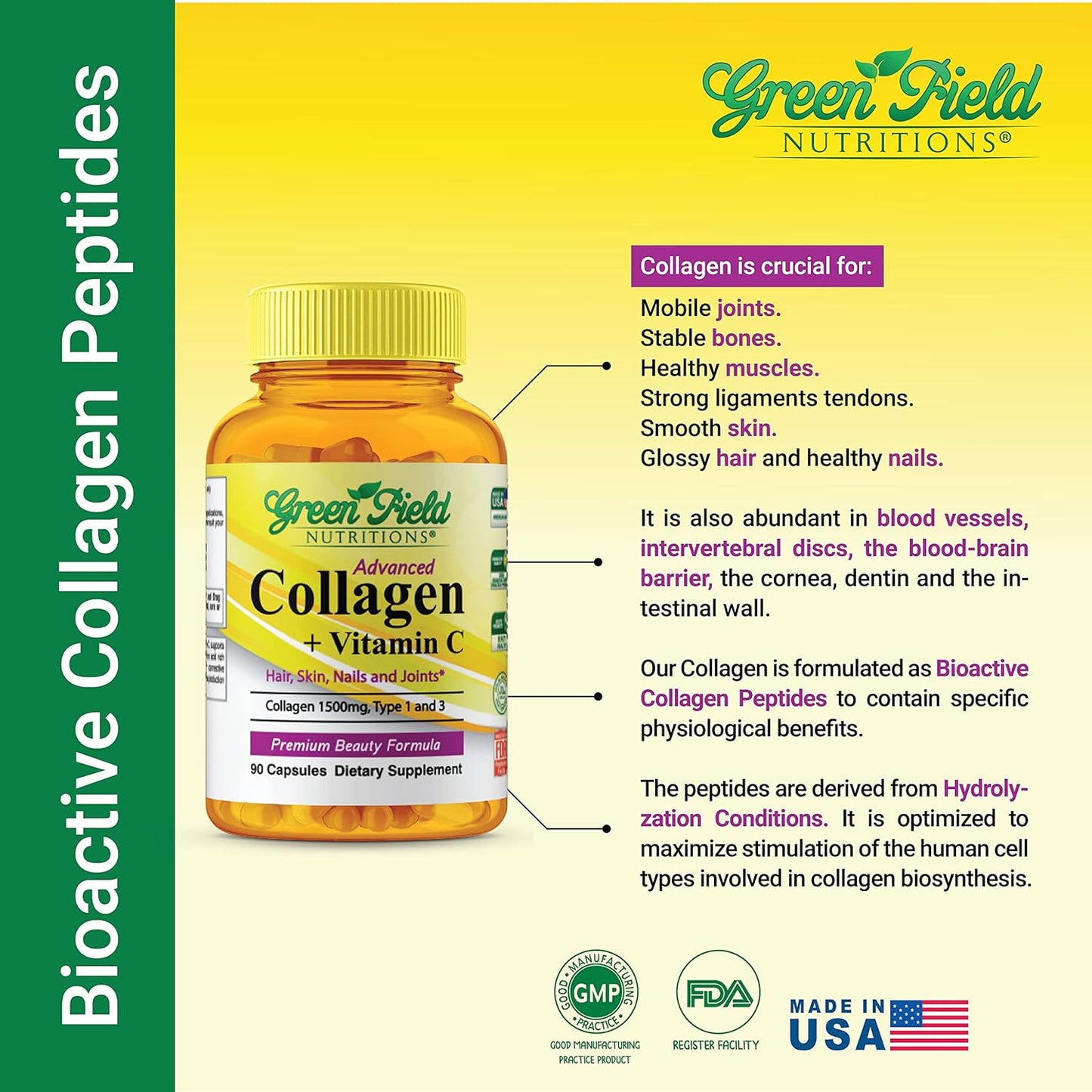 Halal Collagen Peptides with Vitamin C 1500mg - Anti-Aging Formula for Hair, Skin, Nails, and Joints - 90 Capsules by Greenfield Nutritions