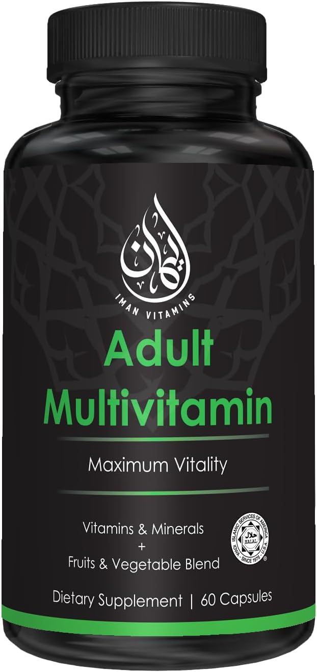 Halal Complete Multivitamin Capsules for Adults Men & Women | 42 Fruit & Vegetable Blend with Iron, Zinc, CoQ10, Folic Acid | 60 Count