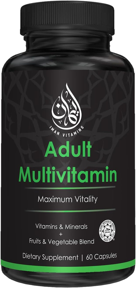 Halal Complete Multivitamin Capsules for Adults Men & Women | 42 Fruit & Vegetable Blend with Iron, Zinc, CoQ10, Folic Acid | 60 Count