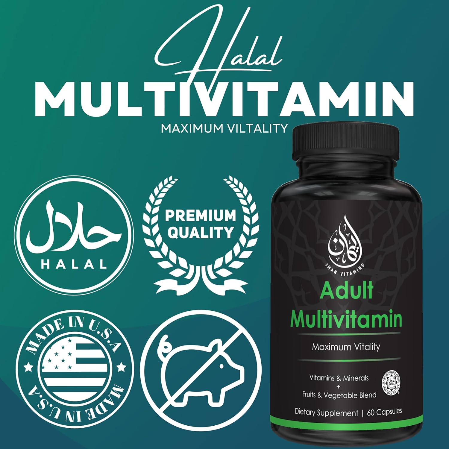 Halal Complete Multivitamin Capsules for Adults Men & Women | 42 Fruit & Vegetable Blend with Iron, Zinc, CoQ10, Folic Acid | 60 Count
