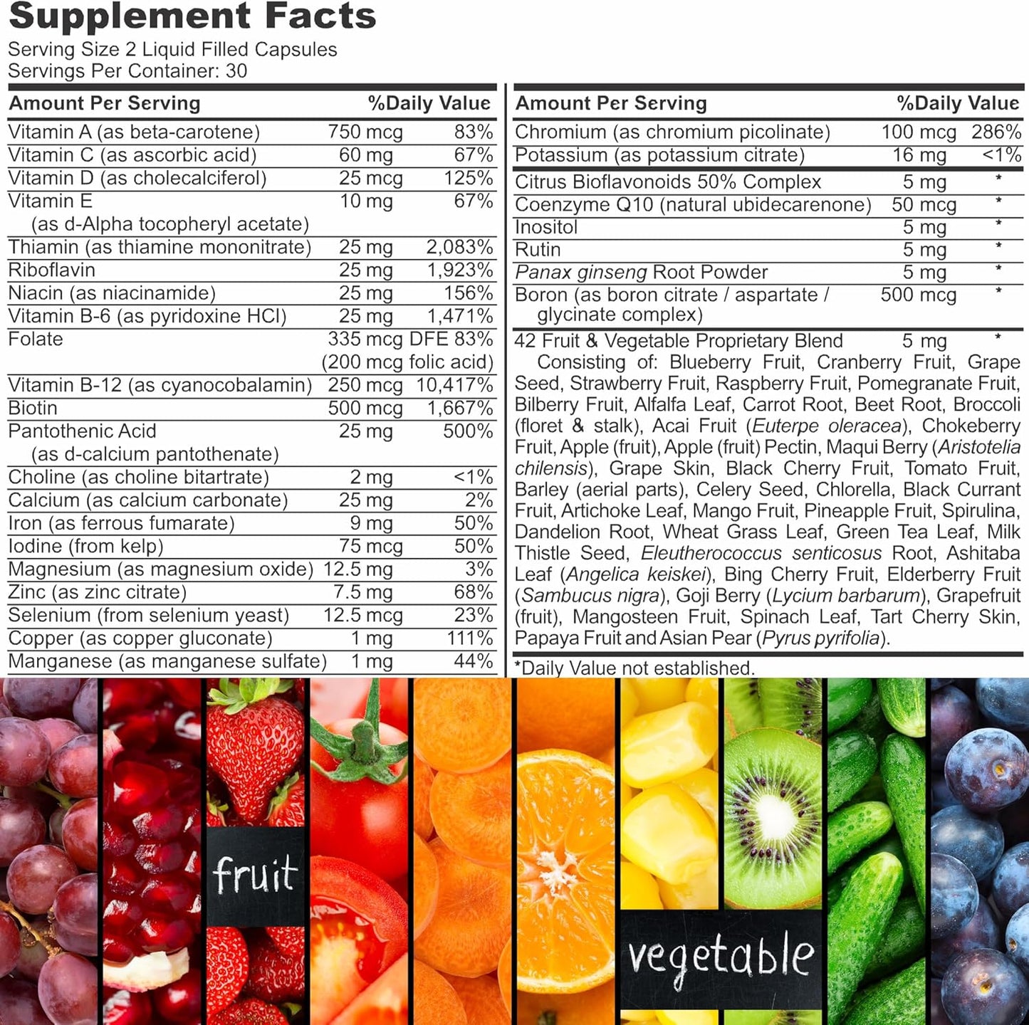 Halal Complete Multivitamin Capsules for Adults Men & Women | 42 Fruit & Vegetable Blend with Iron, Zinc, CoQ10, Folic Acid | 60 Count