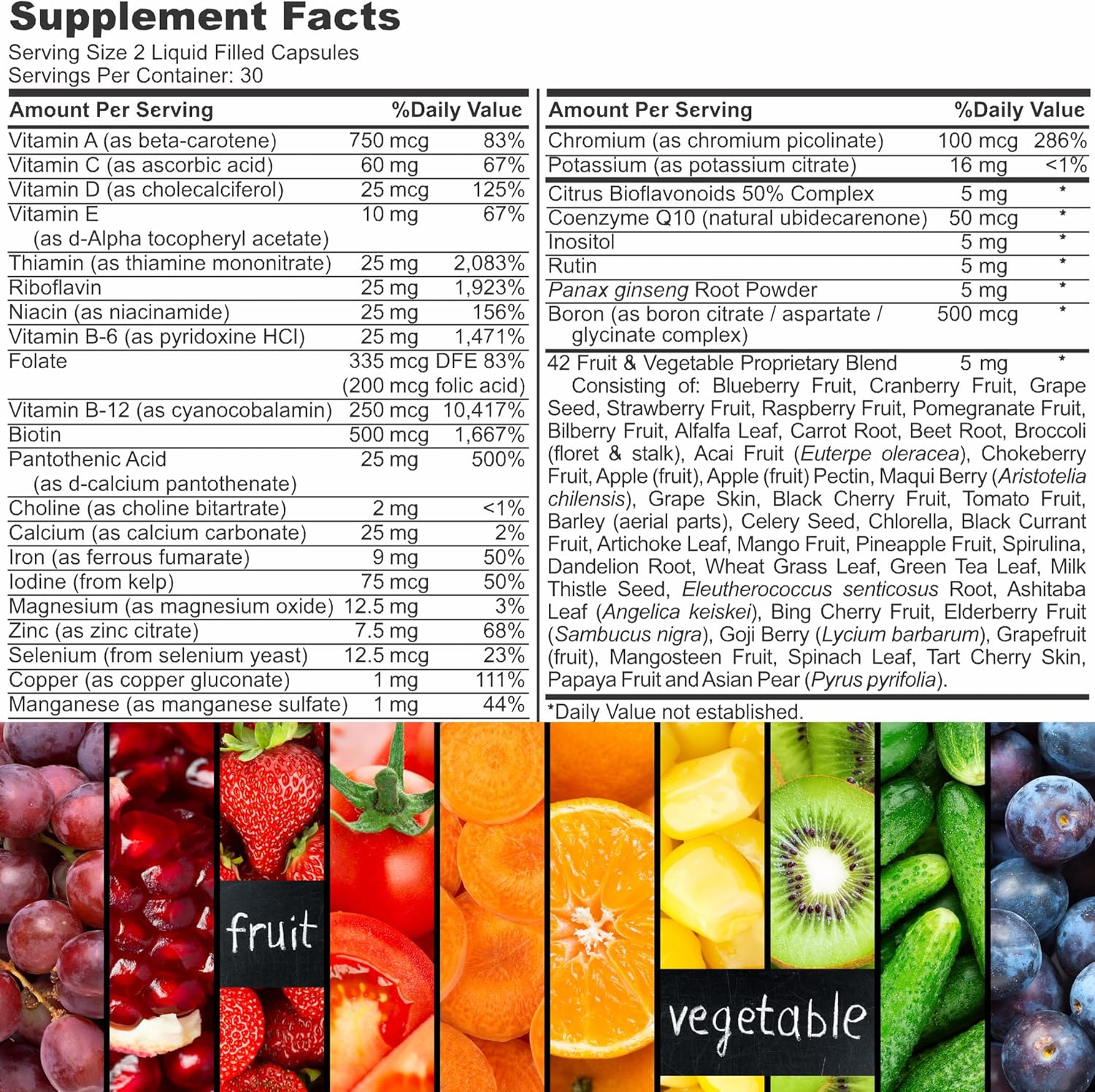 Halal Complete Multivitamin Capsules for Adults Men & Women | 42 Fruit & Vegetable Blend with Iron, Zinc, CoQ10, Folic Acid | 60 Count