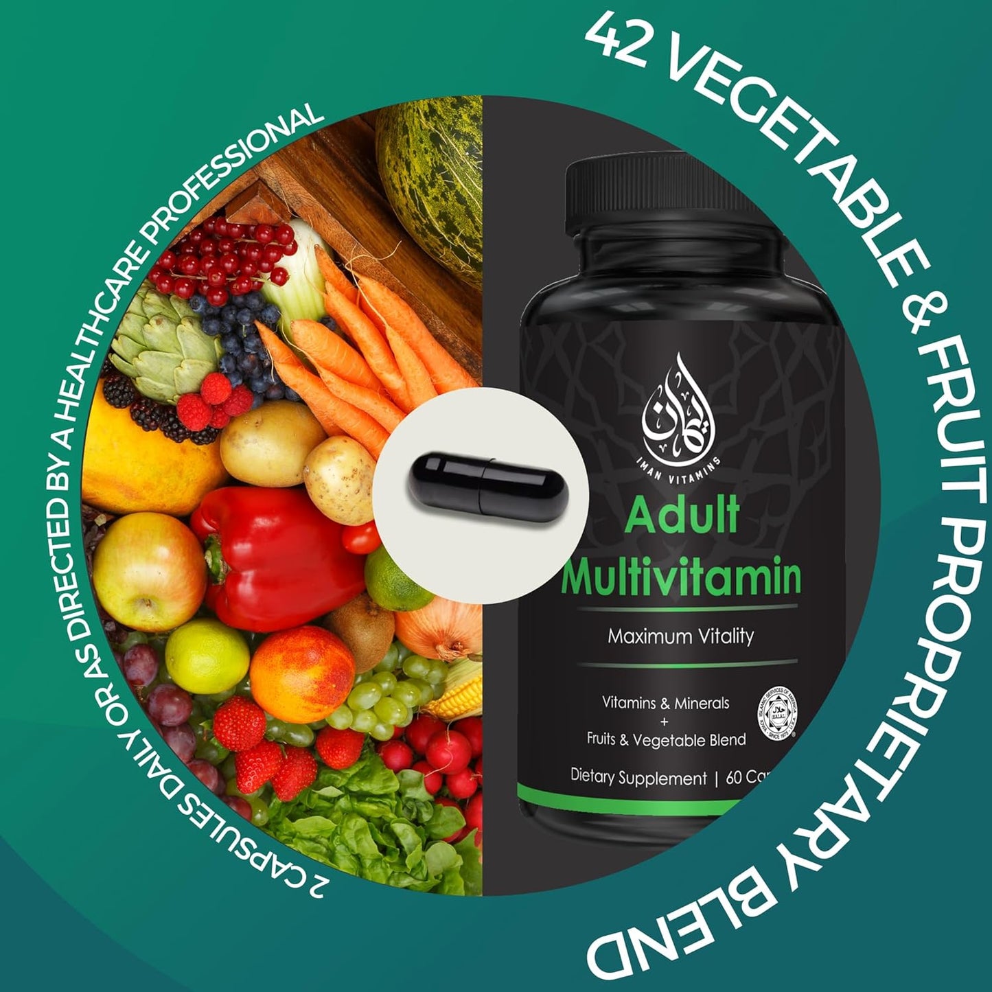 Halal Complete Multivitamin Capsules for Adults Men & Women | 42 Fruit & Vegetable Blend with Iron, Zinc, CoQ10, Folic Acid | 60 Count